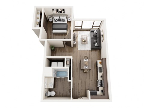 a stylized floor plan with a bedroom and a bathroom